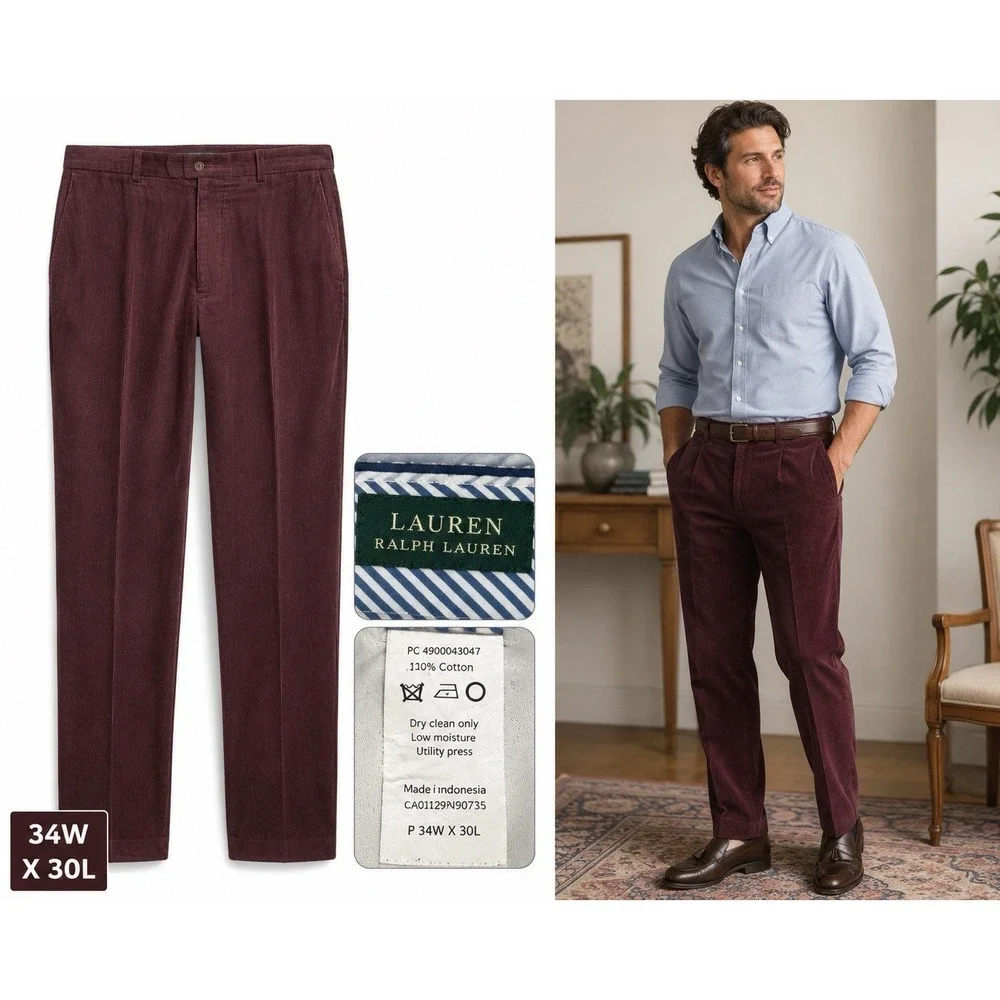 Lauren Ralph Lauren Corduroy Pants Mens 34x30 (Fits 34x29) Maroon Stretch Slim
